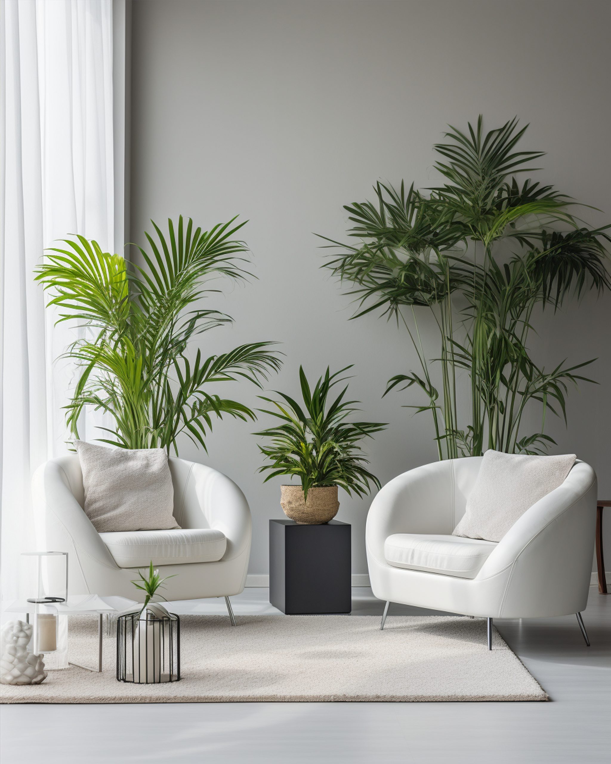 White Living Room Adorned With Potted Palms