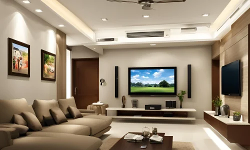 A well design hall in 16_9 size with smart interior along with fan, tv, air conditioning, lights electronics in it.